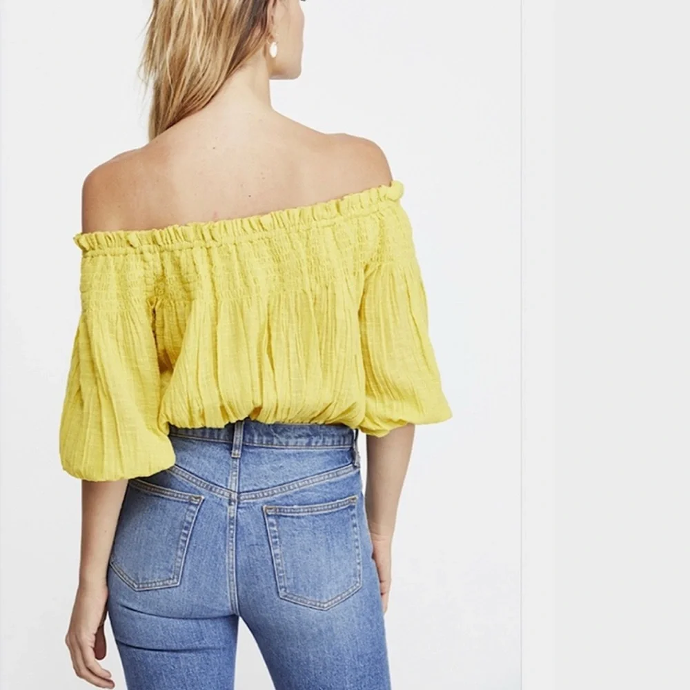 Free People We the Free Yellow Dancing Til Dawn Off Shoulder Smocked Top size M - Picture 4 of 9